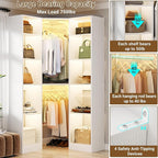 Corner Closet System with 2 Motion Sensor Lights, 39.2" Corner Closet Organizer with 12 Shelves, Closet Corner with 2 Hanging Rods, Versatile 6-Tier Walk-in Closets for Corner Space, White
