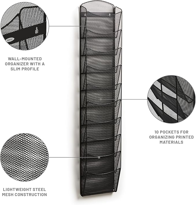 Safco Onyx Mesh Magazine Holder, Display Rack with 10 Pockets, Brochure Organizer, Commercial-Grade Steel Construction, Black