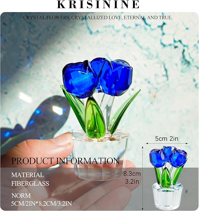 Blue Crystal Rose Flower Figurine for Wife Girlfriend Rose Collectible Figurines for Valentine's Day(3.2 * 2inch)