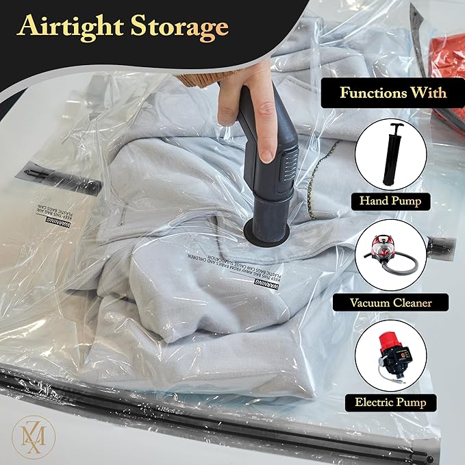 Vacuum Storage Bags – 12 Pack with Hand Pump | Space Saver Compression Bags for Clothes & Bedding | Extra Thick, Airtight Double-Zip, Triple-Valve | Reusable Storage (Jumbo/Large/Medium)