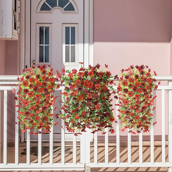 Artificial Hanging Flowers for Outdoors Spring Decoration, 2PCS Silk Fake Daisy Realistic Outdoor Flowers UV Resistant Porch Patio Window Yard Decor (Red Brown)