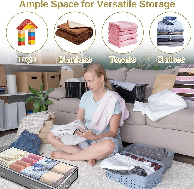4 Pack 5.5 Inches High Under Bed Storage Containers, Low Profile Under Bed Storage Containers, Foldable Underbed Bag Stackable Closet Organizers for Blankets Clothing Comforter Wrapping Paper