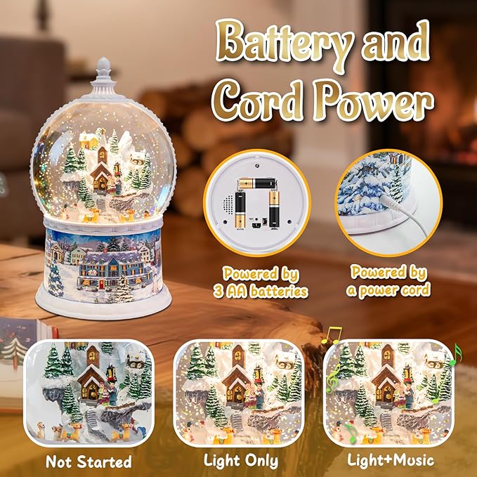 Large Christmas Snow Globes,Village Xmas Lighted Glitter Snow Globes, Musical Box with 8 Songs, 6 Hours Timer Deluxe Carousel Snow Globes