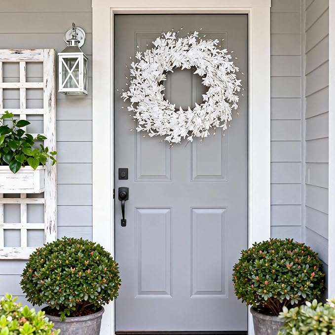GTIDEA 24" Summer Wreaths for Front Door, Artificial White Forsythia Flower Wreath on Grapevine, Floral Wreath for Home Indoor Outdoor Wall Window Garden Porch Farmhouse Summer Door Decor