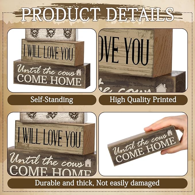 Moucuny 4 Pcs Highland Cow Table Decorations Rustic Western Tiered Tray Decor Decorative Highland Cow Block Signs Western Tabletop Centerpieces Farmhouse for Home Desk Room Kitchen Shelf Decor
