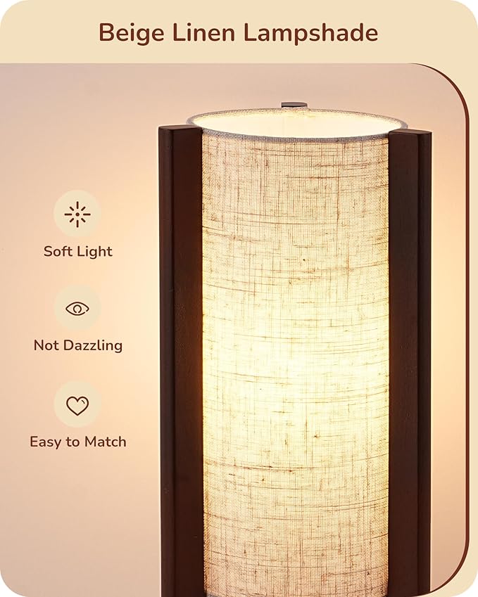 EDISHINE Wood Table Lamp, 13.5" Small Bedside Lamp, Beige Linen Shade, Rosewood Cylinder Nightstand Lamp for Bedroom Living Room, On-Off Line Switch, E26 Base (Bulb Not Included)