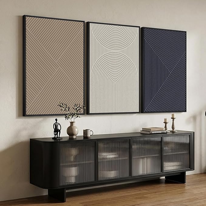 Large Framed Neutral Abstract Wall Art for Living Room, 3 Piece Modern Canvas Prints Paintings, Beige and Deep Blue Minimalist Geometric Pictures for Hallway Dining Bedroom Office Wall Decor 24x36 In