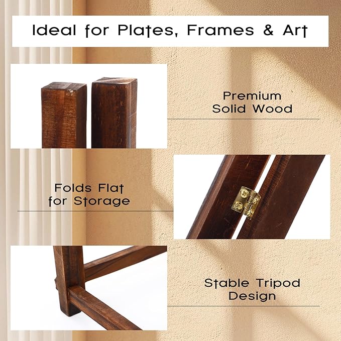 Geelin 3 Pack Plate Stands for Display 10 Inch Wooden Folding Plate Holders Rustic Solid Wood Easel Holders for Decorative Picture Frames Art Tabletop Shelf Decorations
