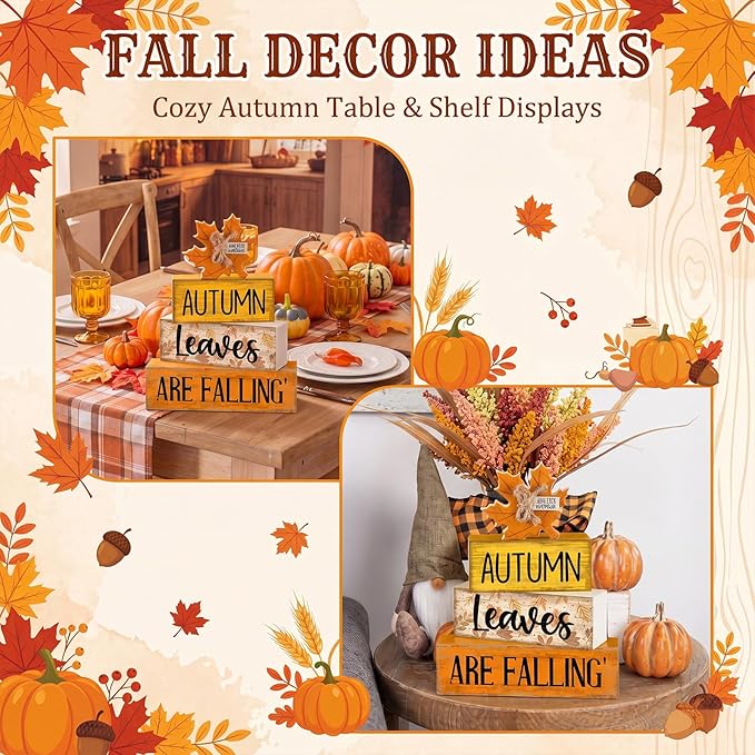 Lineshading 4 Pcs Fall Decoration for Home Wooden Maple Leaf Thanksgiving Table Centerpiece Rustic Thanksgiving Tiered Tray Decor Decorative Autumn Leaves Block Sign Farmhouse Autumn Decor for Kitchen