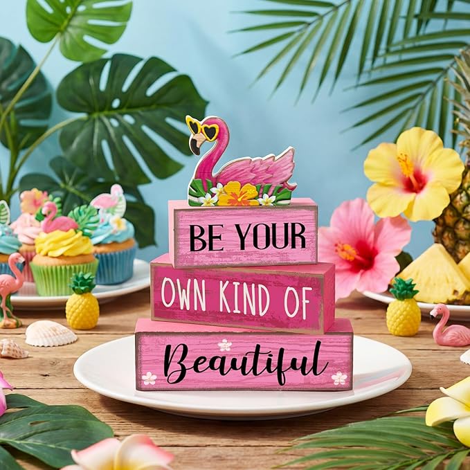 Lineshading 4 Pcs Summer Table Decor Wooden Pink Flamingo Tropical Tiered Tray Decor Pink Summer Centerpieces Rustic Wood Flamingo Block Signs for Home Kitchen Office Decorations