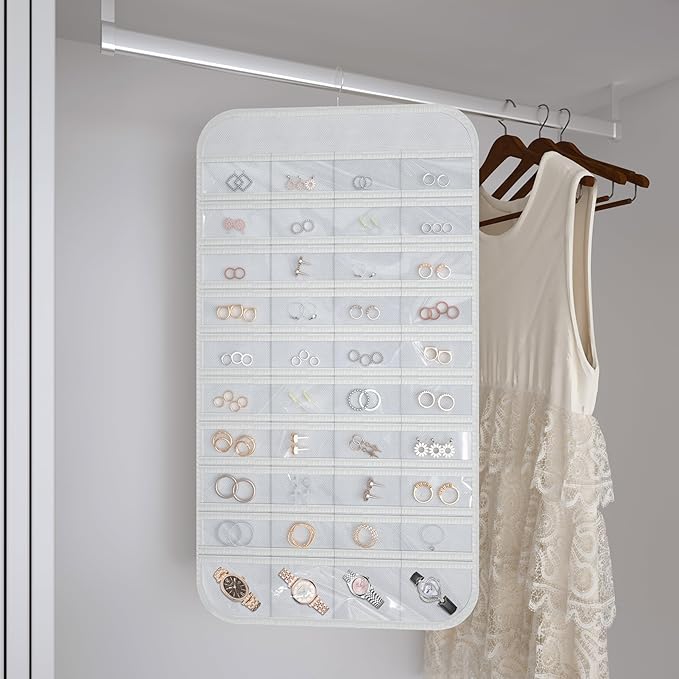 2-Pack Hanging Jewelry Organizer Storage, 40 Pockets 36 Hooks Necklace Earring Necklace Bracelet Ring Organizer, Double - Sided Design, White