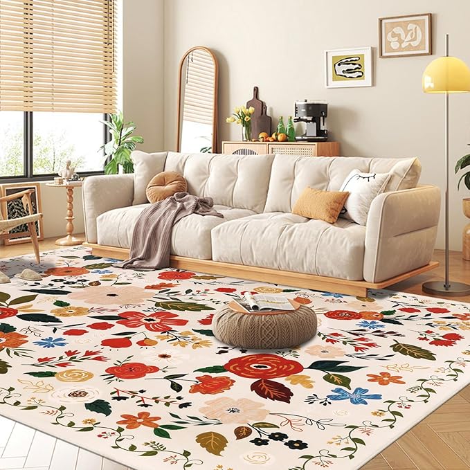 U'Artlines 8x10ft Colorful Floral Area Rug, Machine Washable Ultra Soft Low Pile Non Slip Non Shedding Accent Floor Carpet for Living Room, Bedroom, Dining Room, Office (Beige)