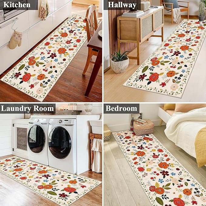 U'Artlines 2' x 10' Colorful Floral Runner Rug for Hallways Kitchen Rugs Soft Non Slip Washable Floor Carpet Runners for Entryway Laundry Room Bathroom Beige