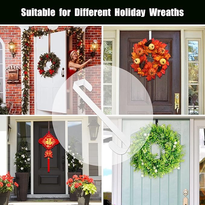 GameXcel 4 Pcs 12"+15" Wreath Hanger for Front Door - Large Wreath Metal Hook for Christmas Wreath Over The Door Hanger 2 x 12 and 2 x 15 - White