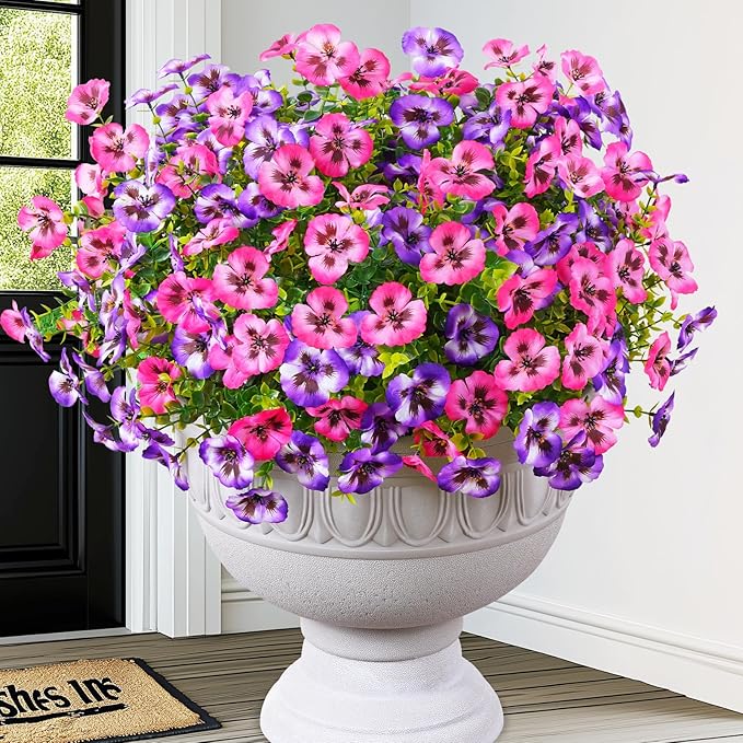 MARTINE MALL 12 Bundles Look Real Artificial Flowers for Outdoors, Realistic Fake Outdoor Flowers, UV Resistant Silk Pansy Flowers for Outside Faux Flowers Plants for Outdoor Porch Patio, Pink+Purple