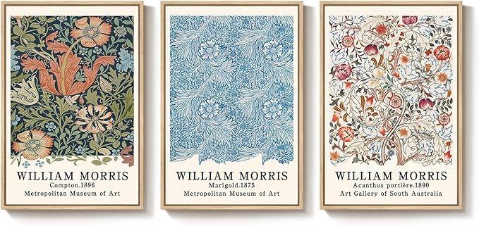 Framed William Morris Wall Art Set of 3, Large Vintage Floral Botanical Canvas Prints, Colorful Nature Artwork for Living Room, Bedroom, Hallway or Office Decor, Total Size 30x60 Inch
