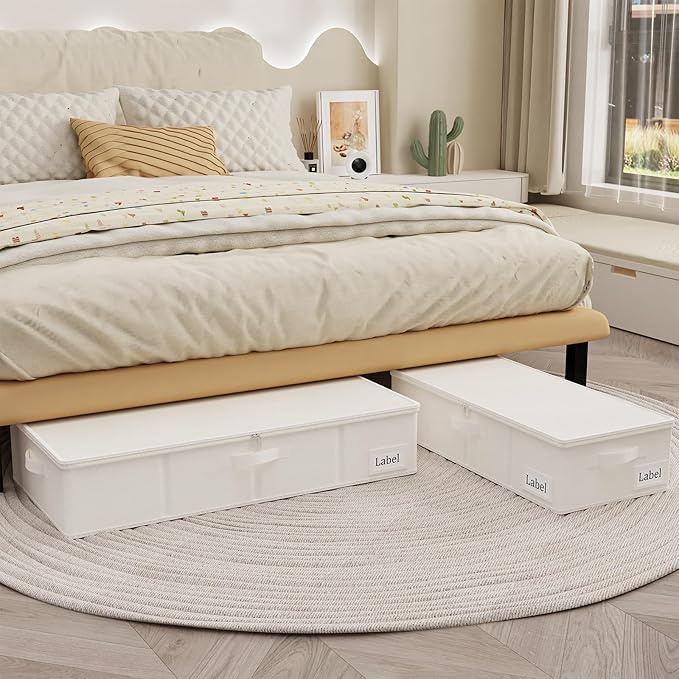 Yawinhe Underbed Bags, Storage Containers Bags with Lid, Foldable Blanket Bins, with Sturdy Zipper und Label Holders, for Clothing, 23.6''Lx11.8''Wx6''H, 2 Pack, Beige