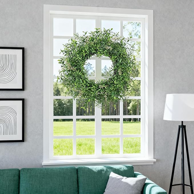 24 Inch Summer Wreaths for Front Door Wreath Spring Outdoor Green Door Wreath for All Seasons Porch Wall Indoor Outdoor Living Room Bedroom Window Farmhouse Home Decoration