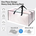 6 Pack Heavy Duty Large Moving Bags W/Backpack Straps - Strong Handles & Zippers, Storage Totes For Space Saving, Fold Flat, Alternative to Moving Box and Storage Bin, Semi-Transparent