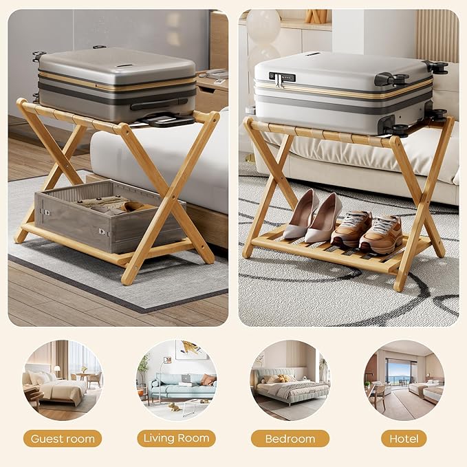 Full Assembled 26.77"L Luggage Rack for Guest Room, Set of 2 Foldable Suitcase Stand with 5 Nylon Straps, Luggage Holder with Shoe Shelf for Suitcases Hotel (Natural Wood Bamboo Luggage Stands)