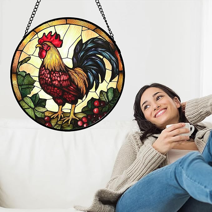Stained Glass Window Hanging, Colorful Big Cock Sun Catcher for Window Door Home Decor, Chicken Suncatcher Christmas Mother's Day Birthday Gifts for Women Men Mom and Nana 7.8 in