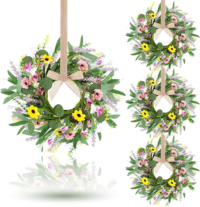 4 Pcs 9" Mini Spring Summer Flowered Wreath Floral Wedding Candle Rings Wreaths Kitchen Cabinet Wreaths with Ribbon for Pillars Wedding Table Centerpiece Farmhouse Party Home Door All Seasons Decor