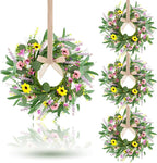 4 Pcs 9" Mini Spring Summer Flowered Wreath Floral Wedding Candle Rings Wreaths Kitchen Cabinet Wreaths with Ribbon for Pillars Wedding Table Centerpiece Farmhouse Party Home Door All Seasons Decor