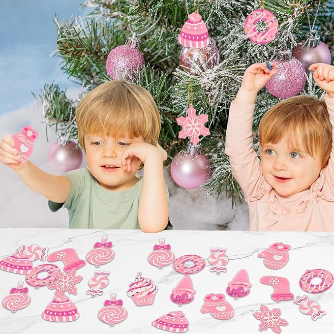 Pink Candy Ornaments for Christmas Tree Decorations, 12 PCS Soft PVC Candy Sweet Christmas Ornaments for Xmas Tree Party, Home, Office Decor