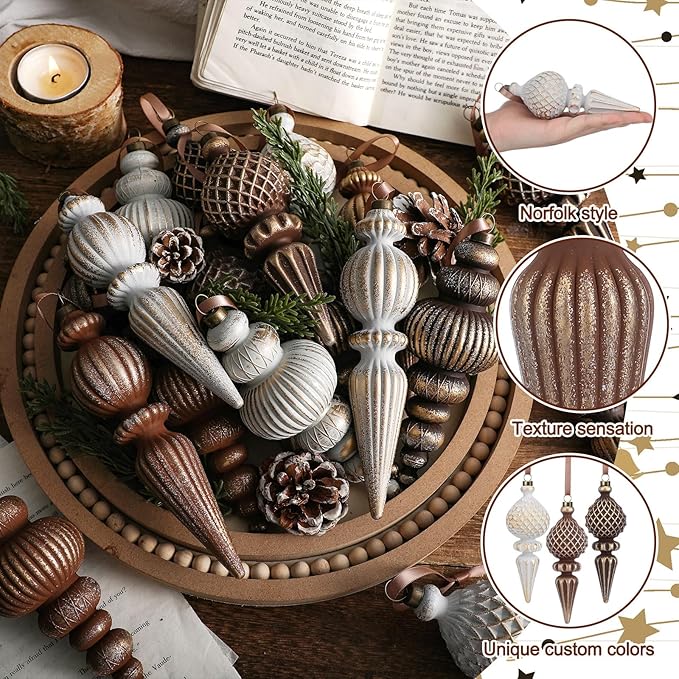 Yunlly 9 Pcs Neutral Christmas Ornaments Textured Christmas Tree Decor with Hanging Loop Modern Brown Hanging Finial Ornaments Shatterproof Home Decor for Xmas Vintage Rustic Farmhouse (Classic Color)