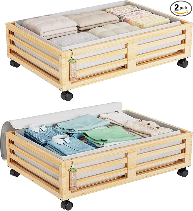 Wisuce Bamboo Under Bed Storage Containers- Underbed Organizer with Wheels with Large Dust Bag,Sturdy Wood Rolling Under the Bed Shoe Storage Organizer Drawer 2 Packs (Nature, Small)