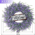 26" Artificial Lavender & Eucalyptus Wreath with Welcome Sign for Front Door, Porch, Window - Large Greenery Outdoor Wreath for Home, Farmhouse Decor - Spring, Summer, All Seasons (Purple)