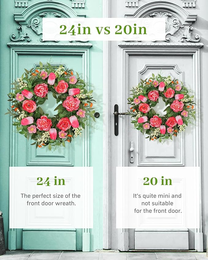 Vlorart 24 Inch Spring Summer Wreath Peony Wreath for Front Door with Pink Tulip, Eucalyptus Leaves, White Berries for Indoor Outdoor Wall Festival Home Farmhouse Wedding Decor