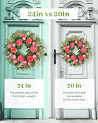Vlorart 24 Inch Spring Summer Wreath Peony Wreath for Front Door with Pink Tulip, Eucalyptus Leaves, White Berries for Indoor Outdoor Wall Festival Home Farmhouse Wedding Decor
