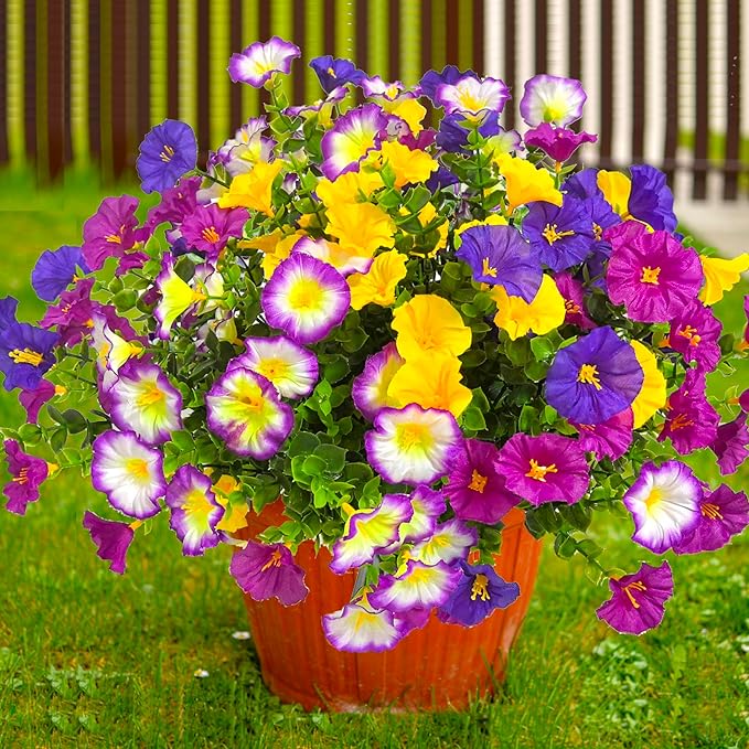 Artificial Faux Flowers for Outdoors, 12 Bundles Artificial Plants Outdoor UV Resistant, Fake Morning Glory Silk Flowers for Outside Planter Porch Patio Yard