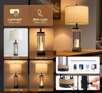 OYEARS 25" Table Lamps Set of 2 with Night Light, Rustic Bedside Lamps with USB C+A Charging Ports, Black Metal Lamp with Rope Accent and Frosted Glass, Farmhouse Lamps for Living Room Bedroom