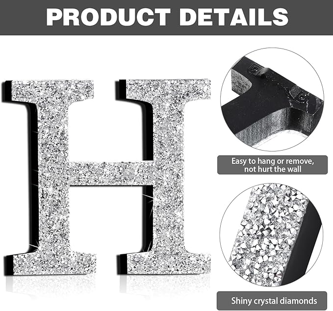Qunclay 5.7" Silver Crystal Diamond Bling Letters Crushed Diamond Decoration Wooden Glitter Letter with Screw and Hooks Rhinestone Gift for Wedding Y2k Mcbling Bedroom Wall Decor (Letter H)