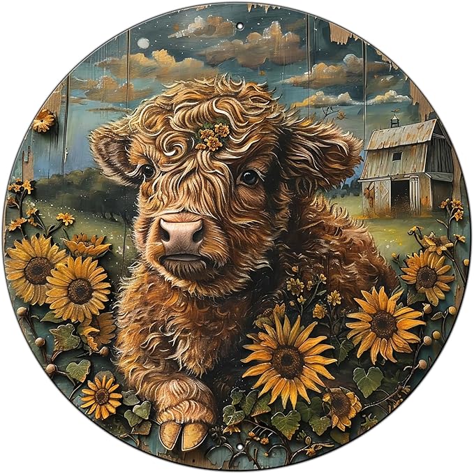 Vintage Cow Sunflowers Sign Metal Sign Retro Round Tin Sign Aluminum Sign for Farmhouse Yard Home Bar Bedroom Wall Decor 8 Inch
