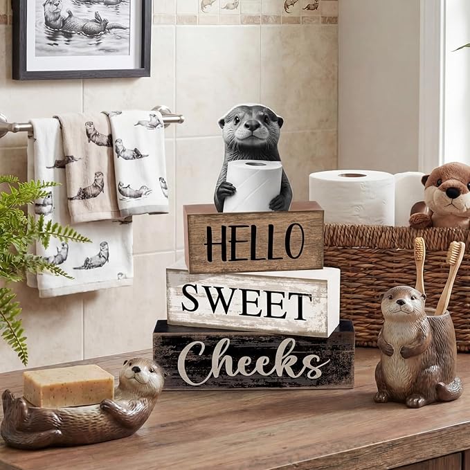 Moucuny 4 Pcs Otter Bathroom Decor Set Farmhouse Bathroom Decor and Accessories Rustic Hello Sweet Cheeks Wooden Blocks Signs with Toilet Paper Funny Toilet Shelf Decoration for Home Office Half Bath