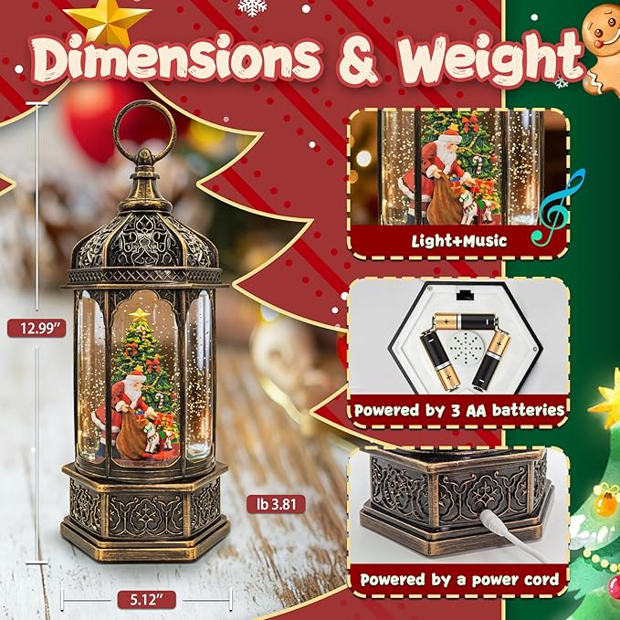 Christmas Snow Globes Lantern, Santa Claus & Gift Piles Christmas Decorations Indoor, 6H Timer Battery & USB Powered Light Up Musical Snow Globes for Kids Women Adults Gift Thanksgiving Home Decor