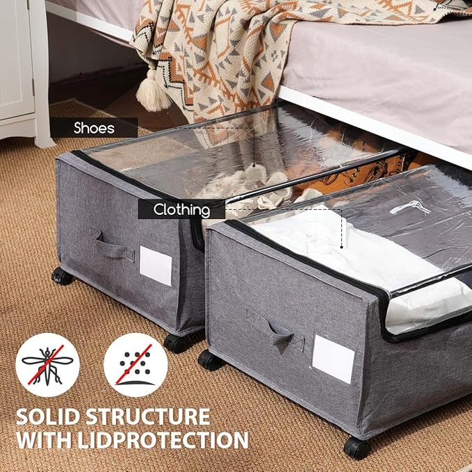 Under Bed Storage with Wheels, Rolling Under bed Storage with Metal Frame, Under Bed Shoe Storage for Space Saving, Zippered Clear Lid, Heavy-Duty Steel Base for Clothes,4XL 90L