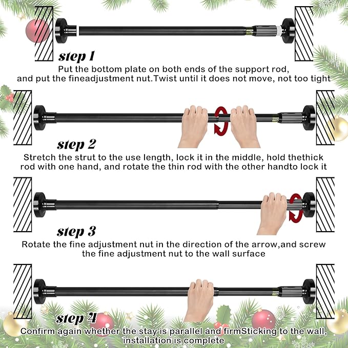 Leinuosen Christmas Front Door Garland Hanger 43-74 Inch Adjustable Christmas Wreath Hanger Stainless Steel Retractable Rod with 3 Green Tie Ropes No Nail Screw No Damage for Xmas DIY Hanging(Black)