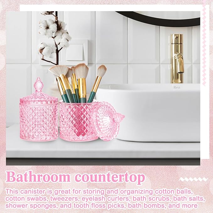 Aoriher 4 Pcs Crystal Glass Candy Jar Set with Lids Home Decorative Storage Jars for Apothecary, Bathroom, Kitchen, and Pantry, Ideal for Cotton Swabs and Jewelry(Medium,Pink)