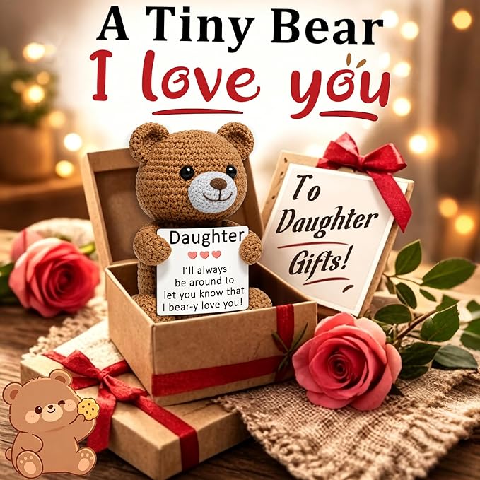 WELLBANEE Daughter Gifts from Mom Dad, Positive Crochet Bear Gift for Daughter, Birthday Graduation Gifts for Daughters, Handmade Comfort Gift for Teen Girls Women