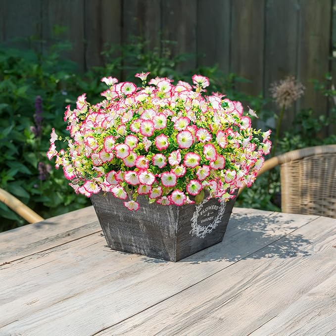 Artificial Fake Spring Outdoor Plants Flowers, 12 Bundles Outside Faux Silk Pink Morning Glory with Eucalyptus Realistic UV Resistant for Planter Pot Porch Garden Yard Patio Balcony Home Decoration