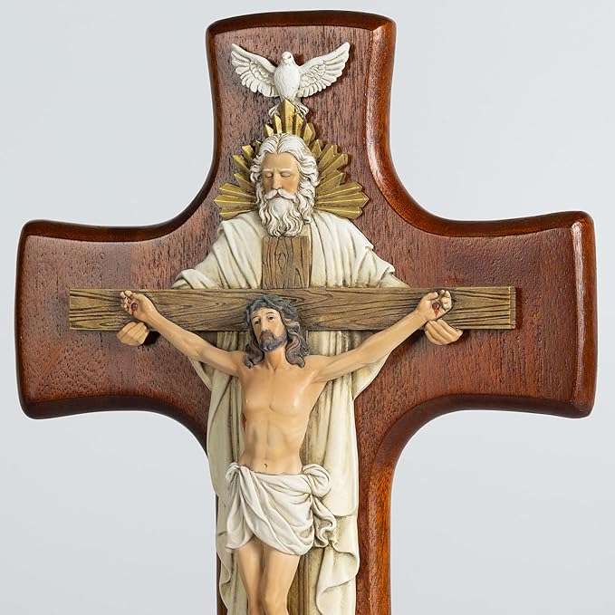 Grace4Joy Holy Trinity Wall Cross, 12 Inches Holy Trinity Crucifix Catholic Home Decor, Hand-Painted Resin Jesus on Wooden Crucifix Religious Housewarming Gifts