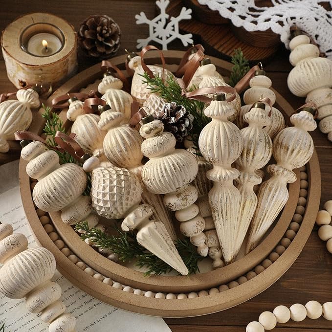Yunlly 18 Pcs Neutral Christmas Ornaments Textured Christmas Tree Decor with Hanging Loop Modern Brown Hanging Ornaments Finial Shatterproof Decor for Xmas Vintage Rustic Farmhouse (Retro White)