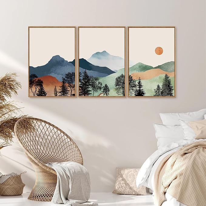 SIGNINART Boho Mountain Framed Canvas Wall Art Set of 3, Watercolor Nature Landscape Art Prints, Modern Sunrise Art Paintings, Green Forest Wall Decor for Living Room, Bedroom, Office 24"x36"x3
