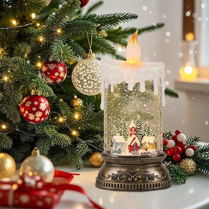 Christmas Snow Globe Candle with Timer & Music, Snowy Cabin Scene, Swirling Glittering Candle Shaped Snow Lantern, USB/Battery Operated Lighted Lantern for Christmas Decoration