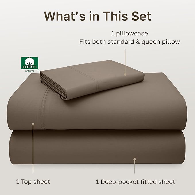 California Design Den Twin Bed Sheets 100% Cotton, 600 Thread Count Sateen, Soft, Cooling Brown Twin Sheet Set, Hotel-Quality Bedding with Deep Pockets (Mushroom - Taupe Brown)