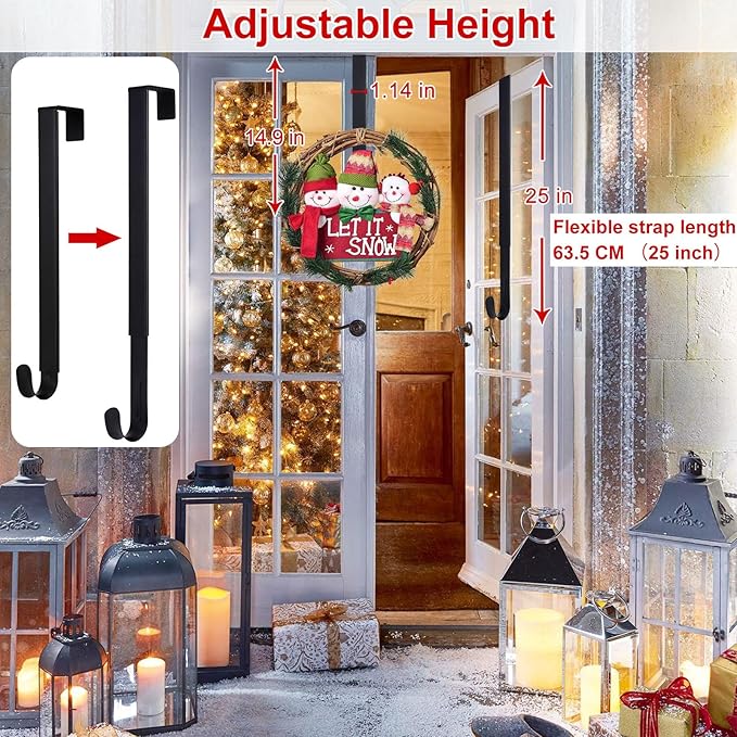 HEYHOUSE Wreath Hanger,Easter Decorations Adjustable Wreath Hanger for Front Door Decor from 14.9-25",Over The Door Hooks Organizer 20 lbs Larger Wreaths Hangers Christmas Wreaths Decorations Hook